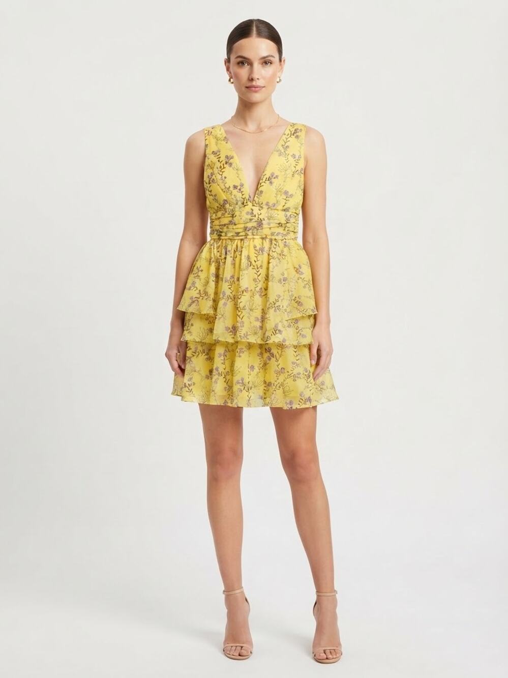 Aqua Luxe Floral Tiered Mini Dress Women Size S Yellow Blue Party Cocktail Chic